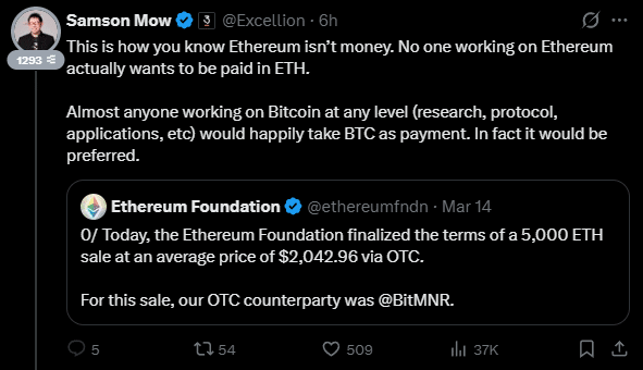 Ethereum não é dinheiro? Argumento de Samson Mow ganha força após venda estratégica de ETH