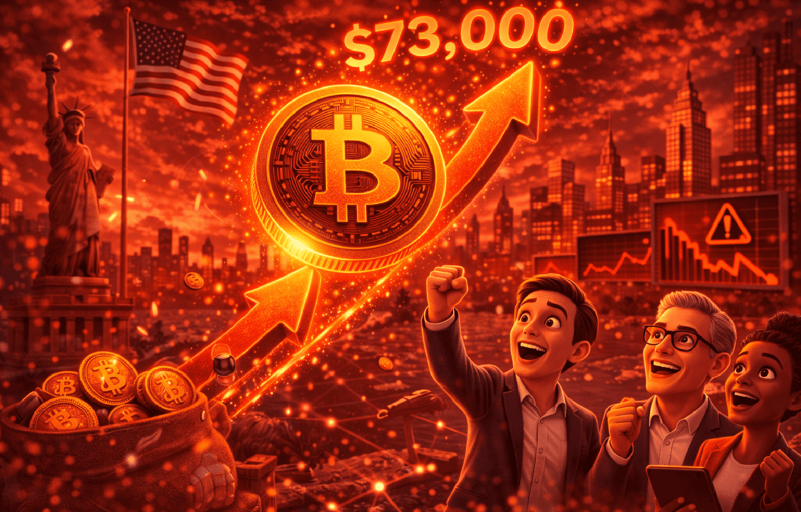 Bitcoin dispara rumo aos US$ 73 mil mesmo com sinais de alerta na economia dos EUA