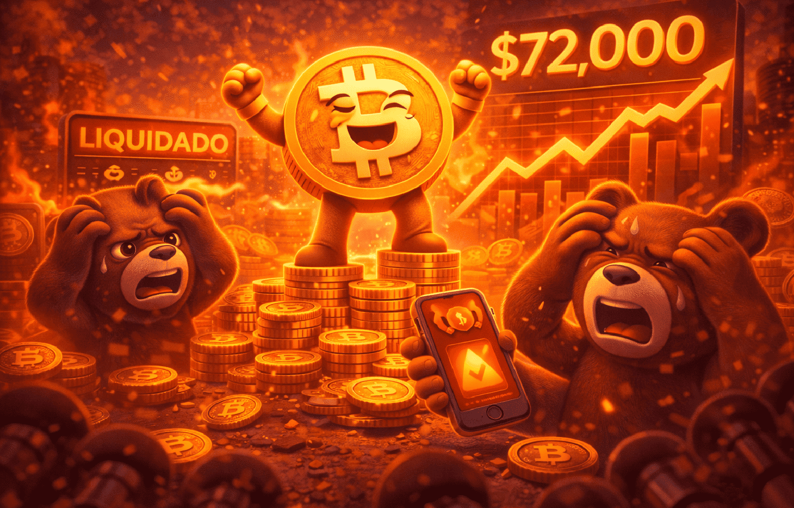 Bitcoin rumo aos US$ 72 mil pode provocar liquidação massiva de US$ 2,5 bilhões perigo para os ursos