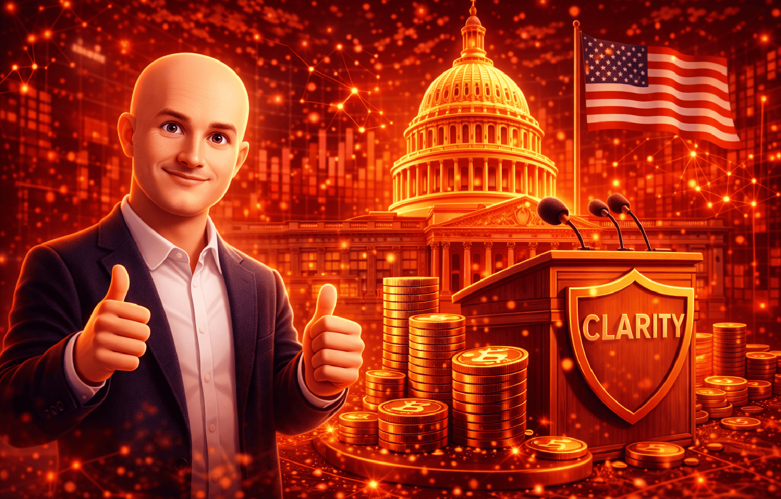 CEO da Coinbase apoia Lei CLARITY e acelera regulamentação das criptomoedas