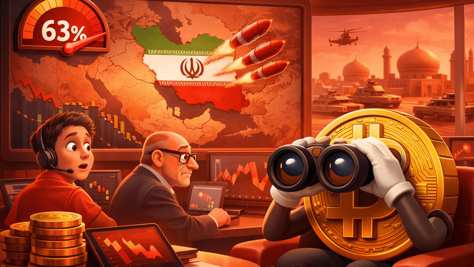 Risco de invasão ao Irã chega a 63% e mercado observa reação do Bitcoin