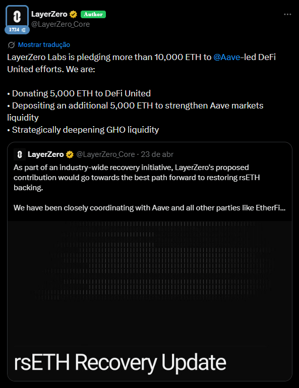 LayerZero injeta 10 mil ETH em resgate do DeFi após ataque de US$ 292 milhões