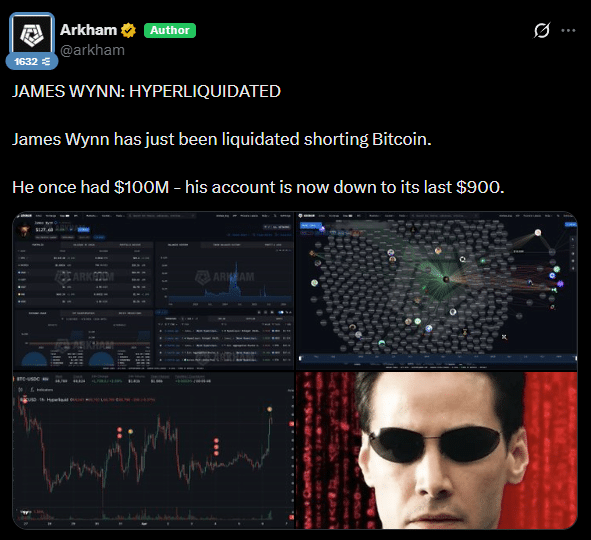 Baleia perde US$ 99 milhões ao apostar contra o Bitcoin e é liquidada