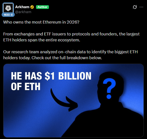 Maior detentor individual de Ethereum não é Vitalik Buterin, revela Arkham