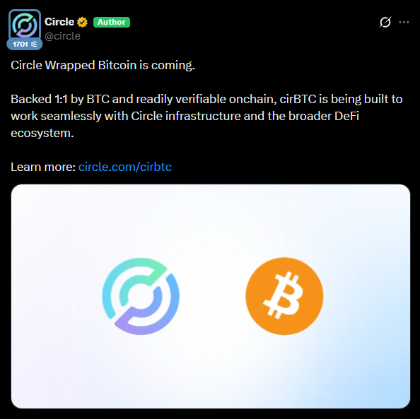 Circle lança cirBTC e entra na disputa por Bitcoin tokenizado no DeFi