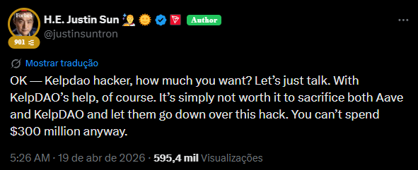 Justin Sun propõe acordo após hack de US$ 292 milhões ameaçar Aave e KelpDAO