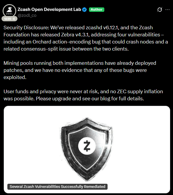 Zcash corrige falhas críticas que poderiam derrubar nós e causar divisão na rede