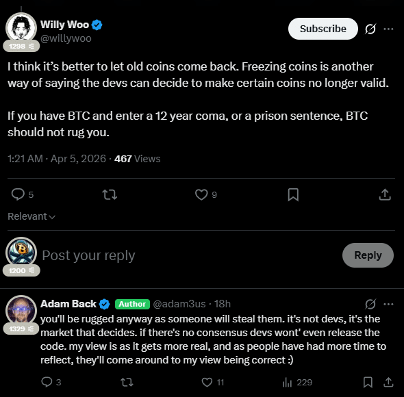 Congelar ou perder tudo? Adam Back escolhe lado em debate crítico do Bitcoin